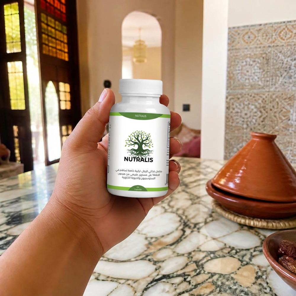 كبسولات NUTRALIS مع كأس ماء على طاولة المطبخ في الصباح